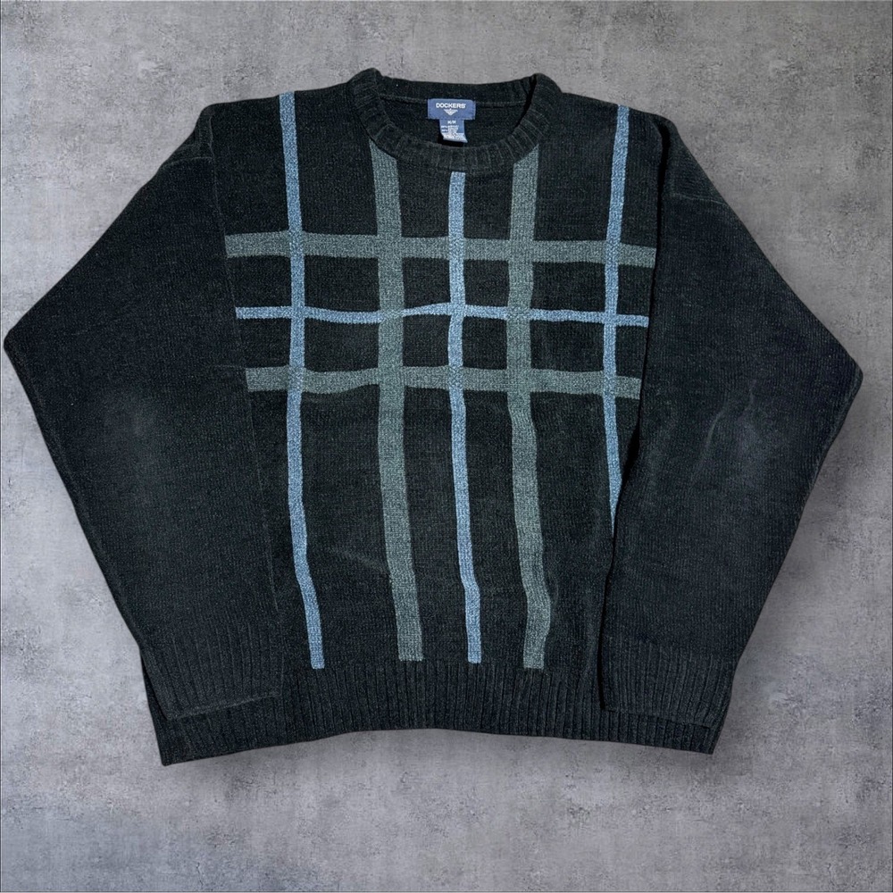 Vintage Dockers Sweater Mens M Black Gray Blue Plaid Crew Knit Pullover Rayon‎